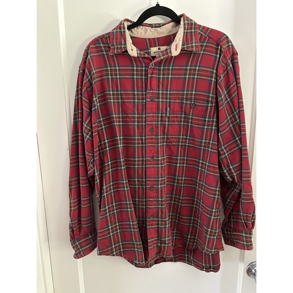 Woolrich Shirt Men MEDIUM Red Beige Tartan Plaid Wool Flannel